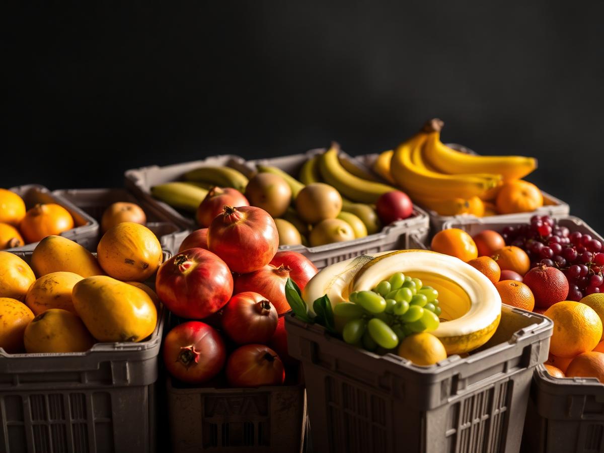 Indian export mangoes, pomegranates and grapes packed in ventilated cartons