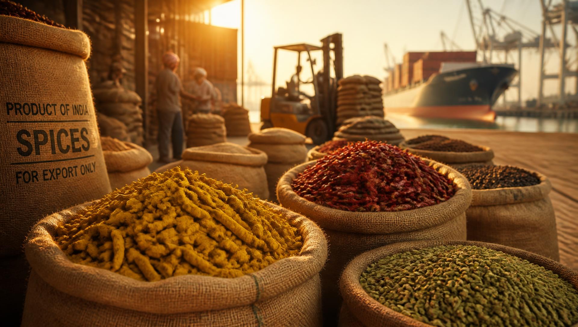 Sacks of Indian export spices at a shipping port
